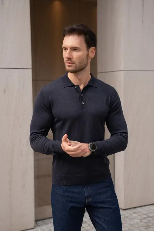 Sweter polo Cashwool Zegna Baruffa, grafitowy - zdjęcie 4