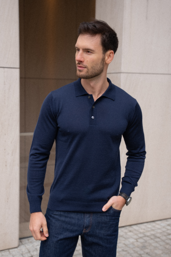 Sweter Polo wełniany, cashwool, granatowy