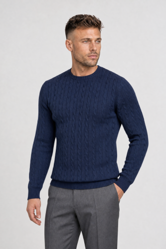 Sweter warkoczowy z wełny merino, granatowy