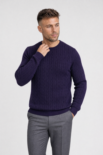 Sweter warkoczowy z wełny merino, oberżynowy