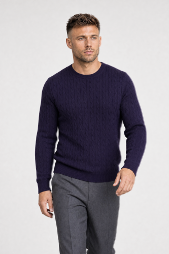 Sweter warkoczowy z wełny merino, oberżynowy