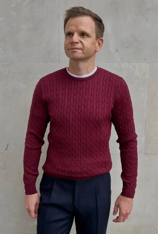 Sweter warkoczowy wełniany, cashwool, bordowy
