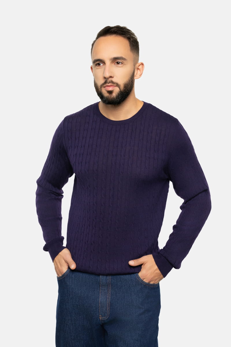 Sweter warkoczowy wełniany, oberżynowy