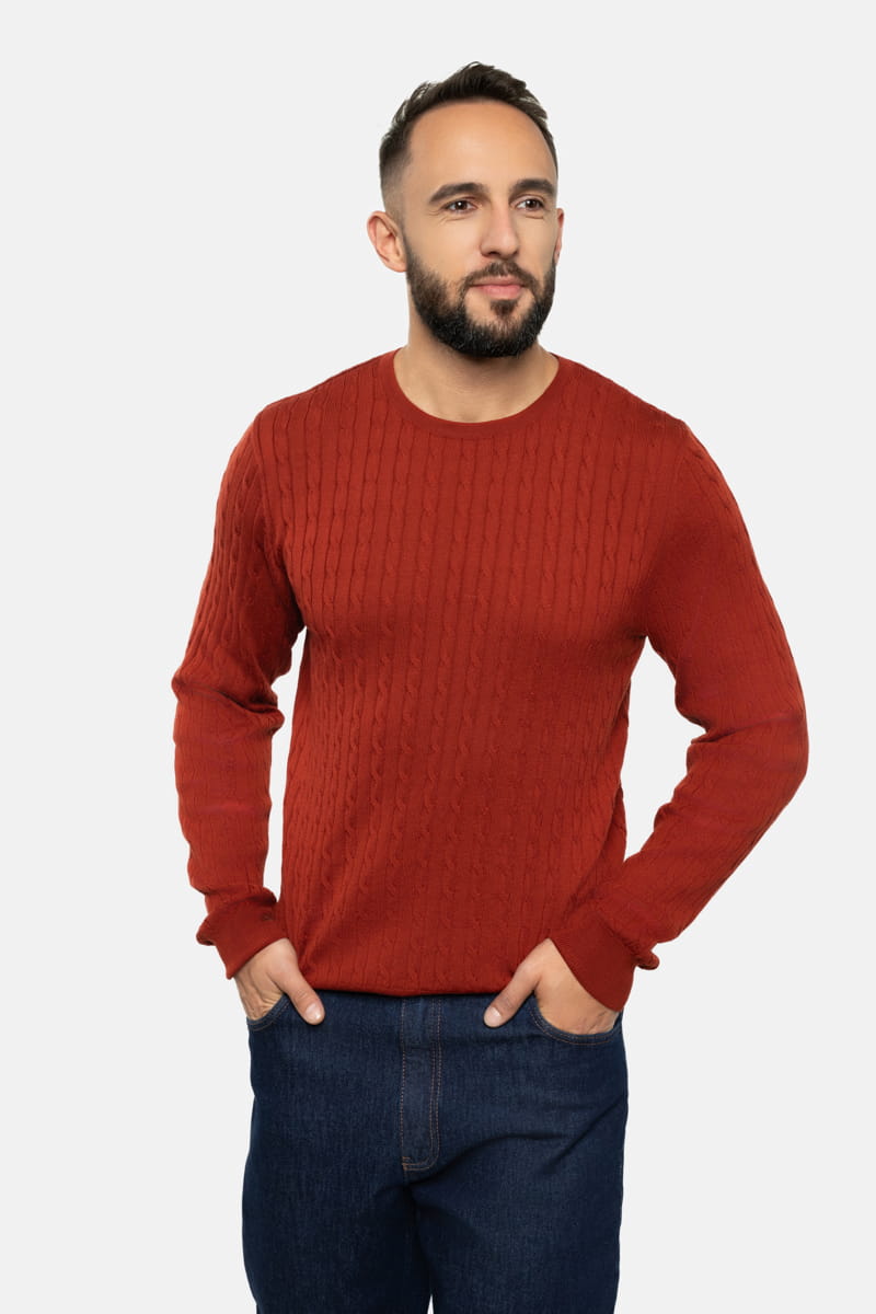 Sweter warkoczowy wełniany, rudy