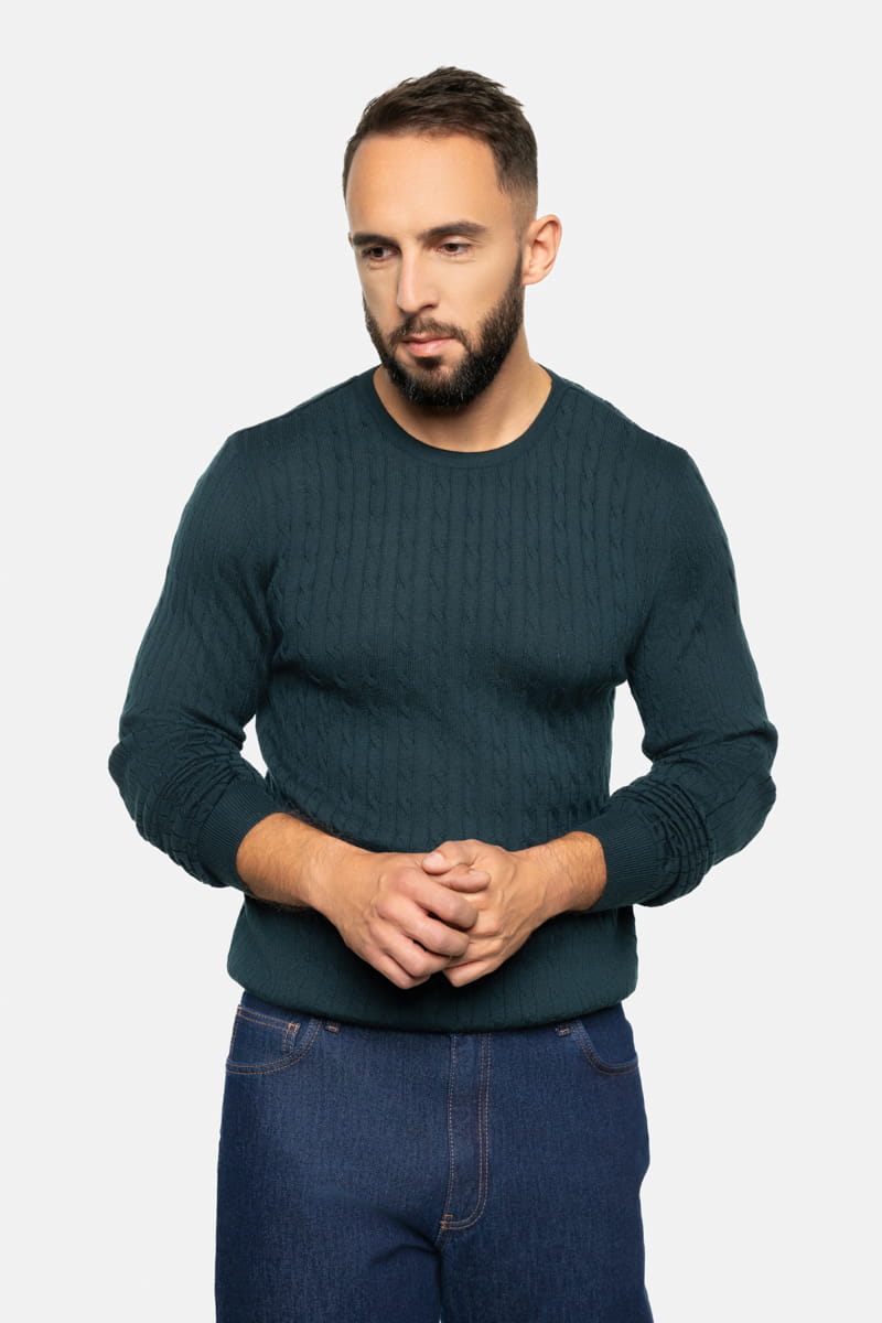 Sweter warkoczowy wełniany, zielony