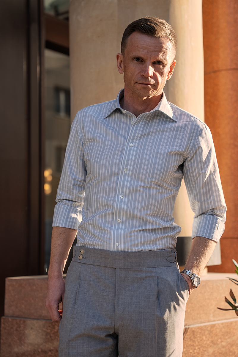 Błękitna koszula w paski Silk Touch, bawełniano - lniana z jedwabiem