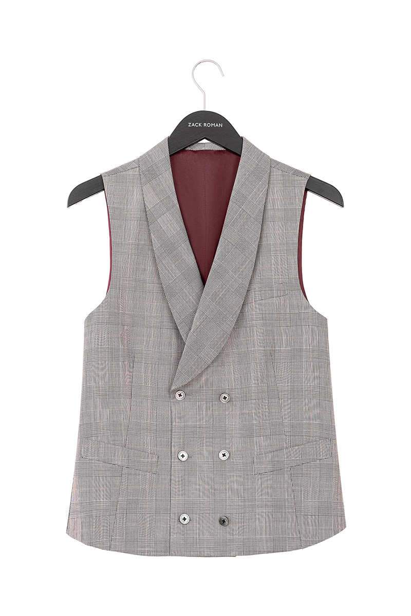Grey double-breasted Prince of Wales wool waistcoat in red check
